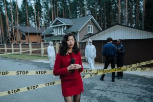 Journalist reporting from a crime scene with STOP tape and forensic team in the background. — FastPay Casino: Lightning-Fast